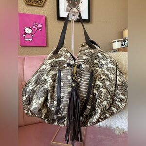 FURLA Snakeskin Leather Hobo Shoulder Bag w Brown Leather Trim and Large Tassle